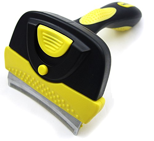 Shedding Brush Tool for Cat or Dog, Long Hair or Short - Quirk and Ferg Tools for Deshedding and Grooming Are Pet Approved and Guaranteed to Reduce Hair in Minutes - Black and Yellow with Stainless Steel Blade (Large)