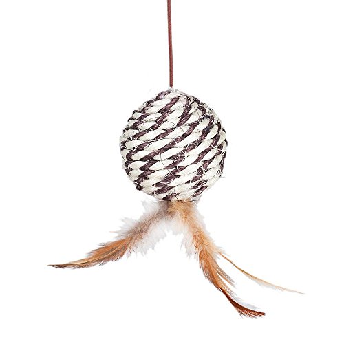 Blueberry Pet Interactive Toys Dangle Two-tone Sisal Ball with Feather Natural Cat Teaser Wand, Cat Feather Toy