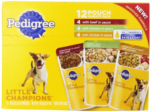 PEDIGREE LITTLE CHAMPIONS GRILLED FLAVORS IN SAUCE Variety Pack- 12 ct. (With Beef in Sauce, With Chicken in Gravy and With Chicken in Sauce) Wet Food for Small Dogs, 5.3-Ounce Pouches (Pack Of 4)