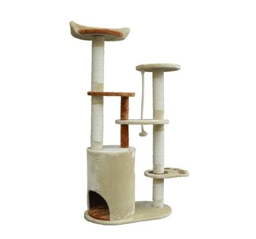 Pawhut 55" Cat Tree Scratching Post Condo Furniture - Beige / Orange - Image 3
