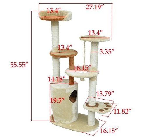 Pawhut 55" Cat Tree Scratching Post Condo Furniture - Beige / Orange - Image 7