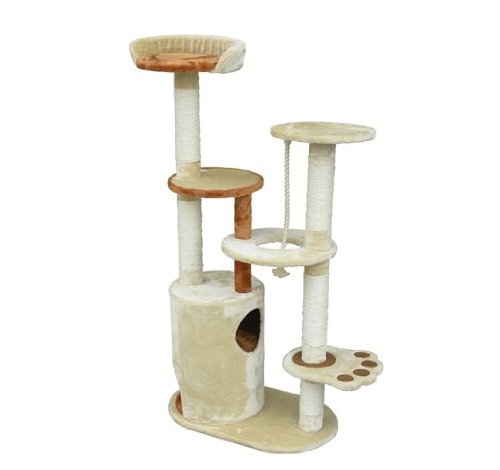 Pawhut 55" Cat Tree Scratching Post Condo Furniture - Beige / Orange