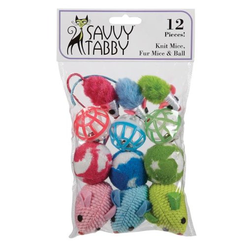 Savvy Tabby US1396 12 12-Pack Knit Mice/Fur Mice Ball Cat Toy
