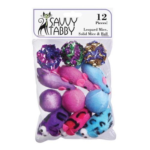 Savvy Tabby US1397 12 12-Pack Leopard Mice and Ball Cat Toy