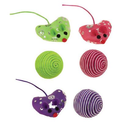 Savvy Tabby US4659 06 Sparkle Heart Mice and Cord Ball Cat Toy, 6-Piece