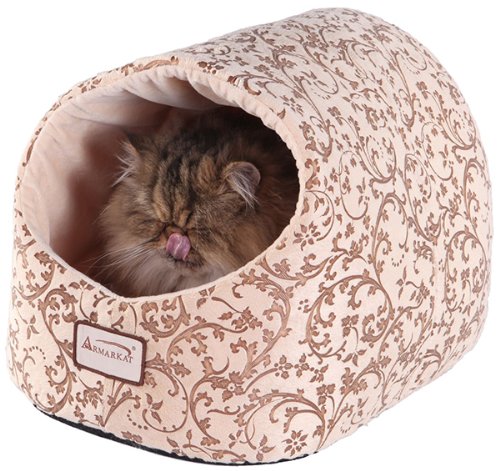 Armarkat Cat Bed with Flower Pattern, Beige