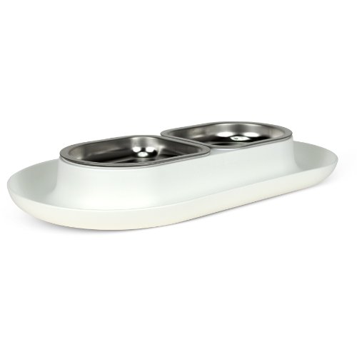 Hepper Nomnom Modern Cat and Dog Dish with Stainless Steel Bowls. Wide Tray to Keep Floors Clean and Ants Out of the Food! Color White - Image 3