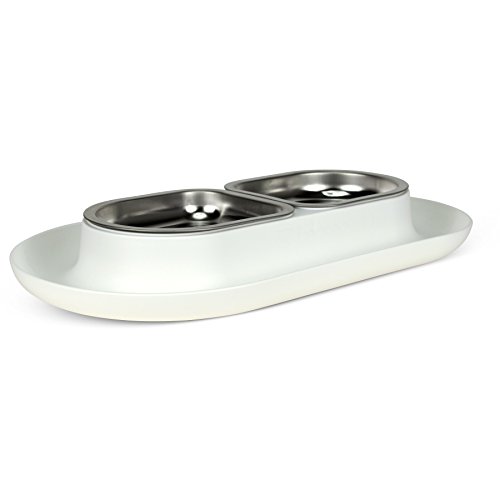 Hepper Nomnom Modern Cat and Dog Dish with Stainless Steel Bowls. Wide Tray to Keep Floors Clean and Ants Out of the Food! Color White