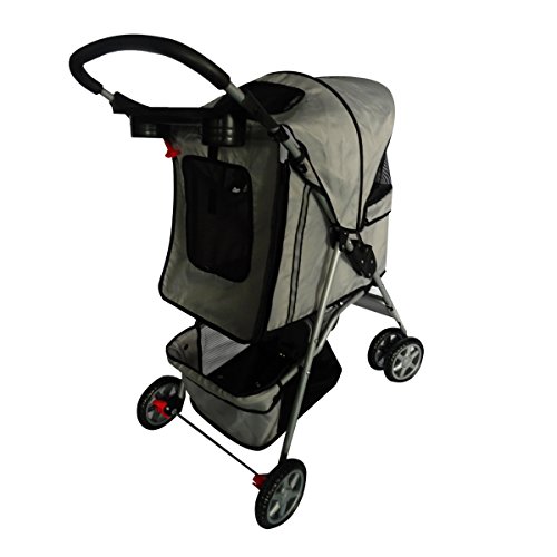 Pingkay Gray Color Deluxe Folding 4 Wheels Pet Gear Dog Cat Carrier Stroller - Image 3