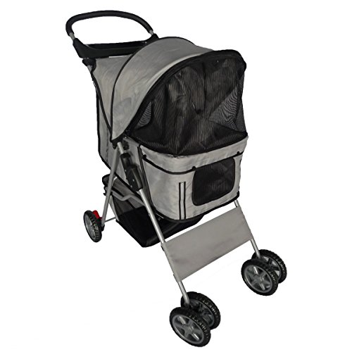 Pingkay Gray Color Deluxe Folding 4 Wheels Pet Gear Dog Cat Carrier Stroller