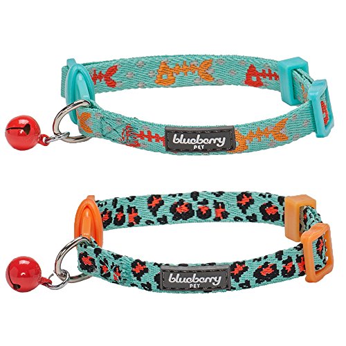 Blueberry Pet 2 Pack Hunting Expedition Adjustable Breakaway Cat Collars with Fish Bone and Leopard Print - Image 3