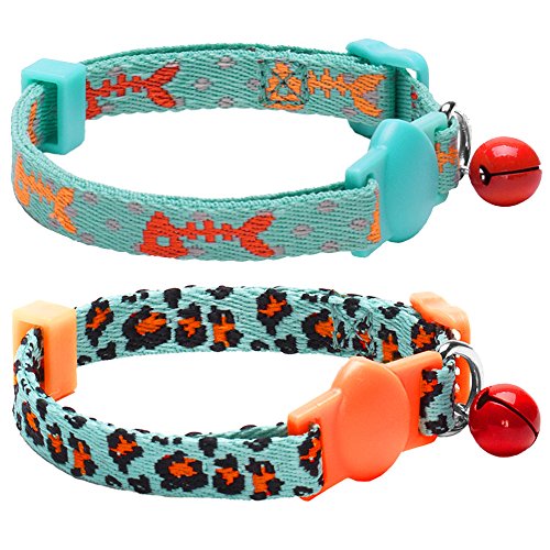 Blueberry Pet 2 Pack Hunting Expedition Adjustable Breakaway Cat Collars with Fish Bone and Leopard Print