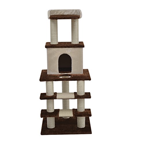 Pawhut 50" Stairway Cat Tree Scratching Post Condo - Brown and Beige - Image 3