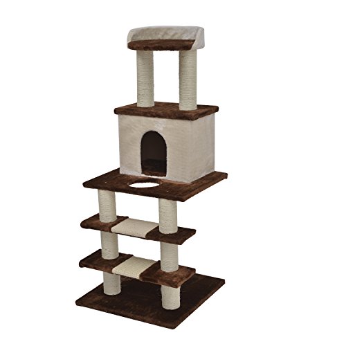 Pawhut 50" Stairway Cat Tree Scratching Post Condo - Brown and Beige - Image 4